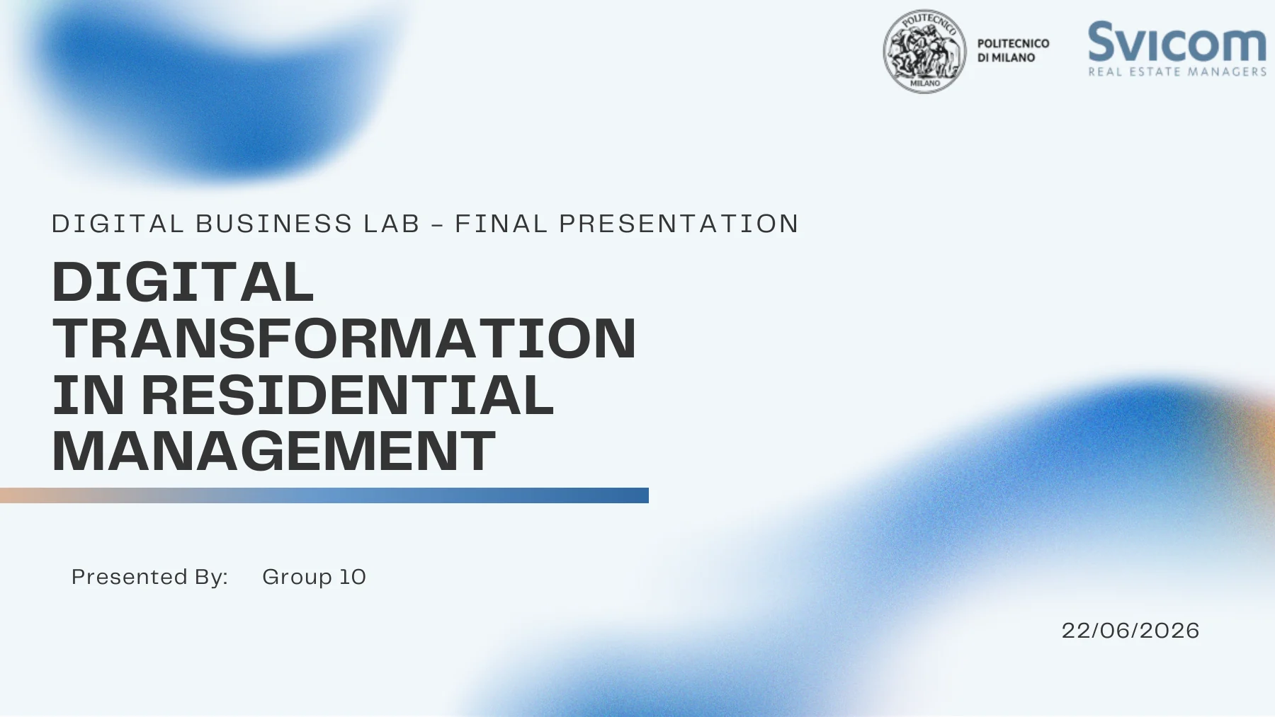 Presentation cover for the Svicom residential management digital transformation project.