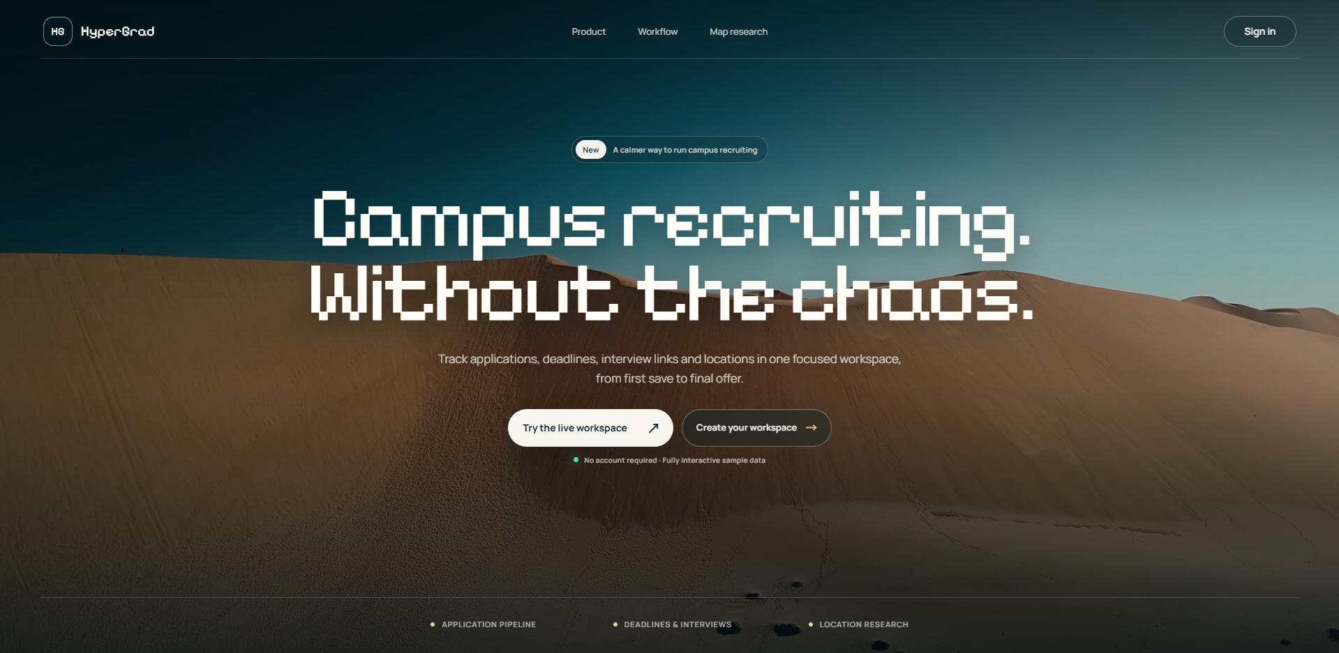 HyperGrad homepage introducing a calm campus recruiting workspace over a desert landscape.